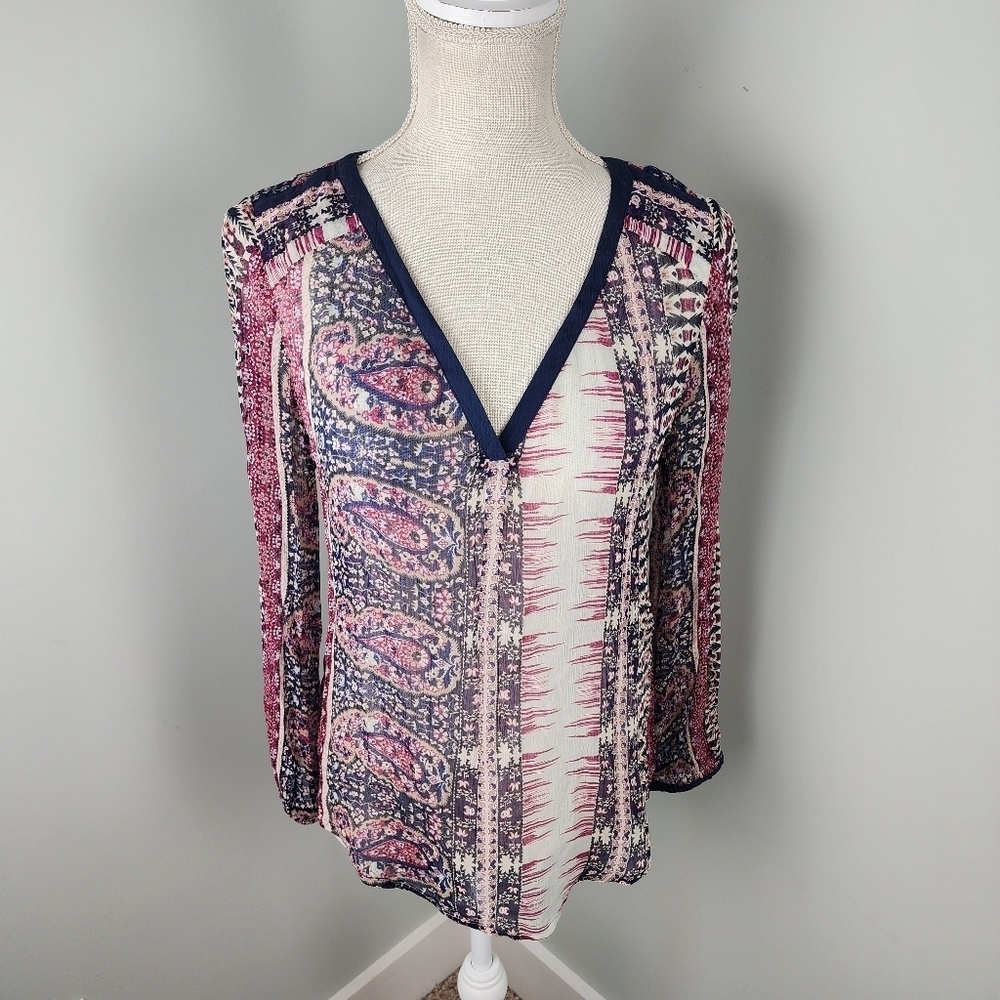 Lucky Brand Multi Color Boho Sheer Splice Neck Hi Low Hem Shirt Size XS